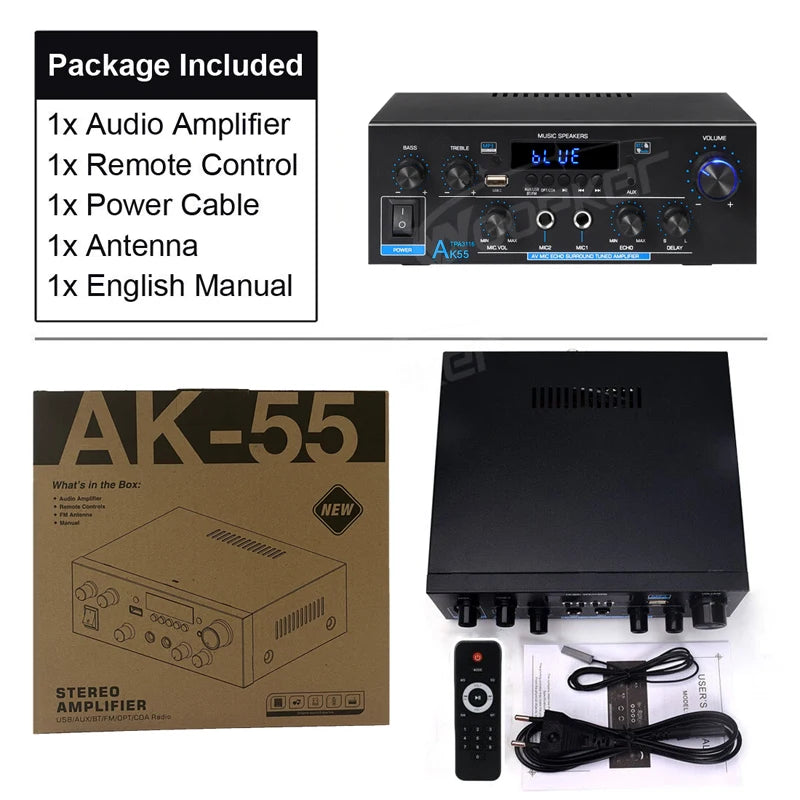 Woopker amplificateur Audio AK55 HiFi stéréo Channel2.0 RMS70W * 2 Bluetooth 5.3 prise en charge AUX/OPT/RCA amplificateur de puissance de caisson de basses alimenté