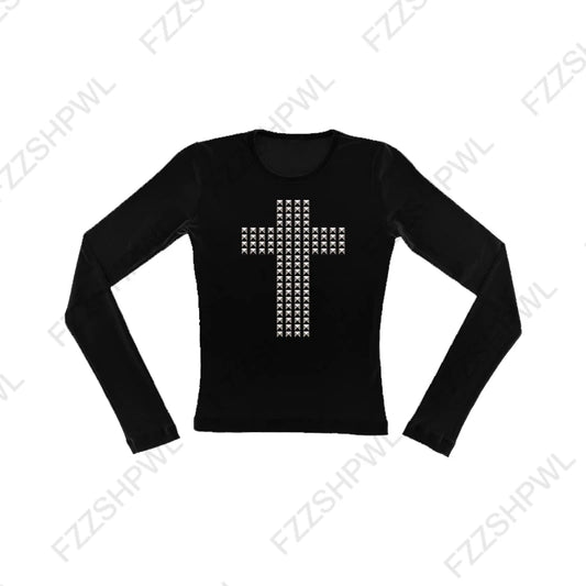 Y2K gothique esthétique femmes col incliné à manches longues T-Shirt Sexy mince Chic haut court Harajuku Rock Punk Hip Hop Hottie Streetwear