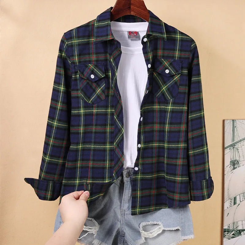 Nouvelles chemises à carreaux pour femmes M-5XL chemisier en coton pour femmes à manches longues chemise à carreaux Slim col rabattu chemisiers pour femmes chemises