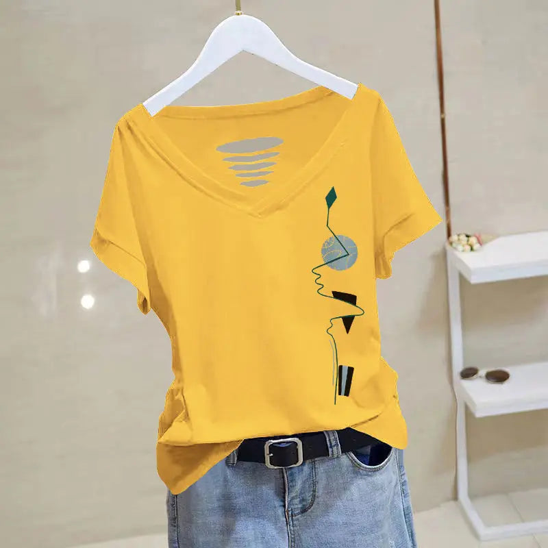 Économie en coton à manches courtes pour femmes, impression de documents solides, t-shirts à col en V, pulls évidés décontractés à la mode, été, nouveau, 2023
