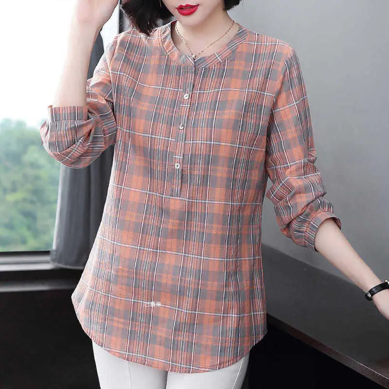 Chemise à carreaux à col rond pour femmes, vêtements d'été, Vintage, décontracté, manches 3/4, boutons épissés, pulls, chemisiers