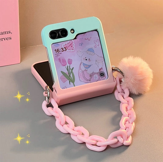 coque de téléphone bleue dégradée avec Bracelet Hariball rose pour Galaxy Z Flip