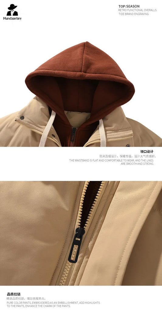 Veste d'hiver pour hommes et femmes, faux manteau à capuche épais, tendance coréenne, 2 pièces, manteau chaud rembourré en coton, style japonais, nouvelle collection