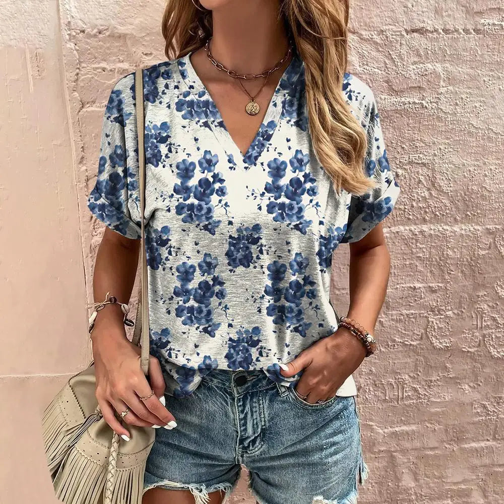 T-Shirt femme été col en v T-Shirt pour femmes mode quotidienne à manches courtes T-Shirt style décontracté impression 3d vêtements féminins