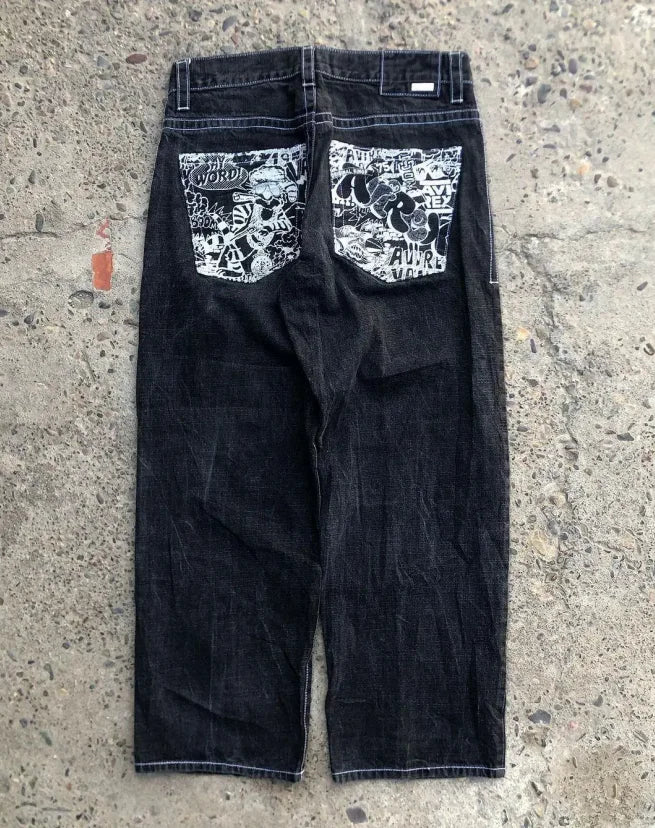 Jean en denim ample à jambes larges, style de rue, rétro, chaîne de bonbons imprimée neutre, nouveau couple, pantalon ample taille basse, printemps et été