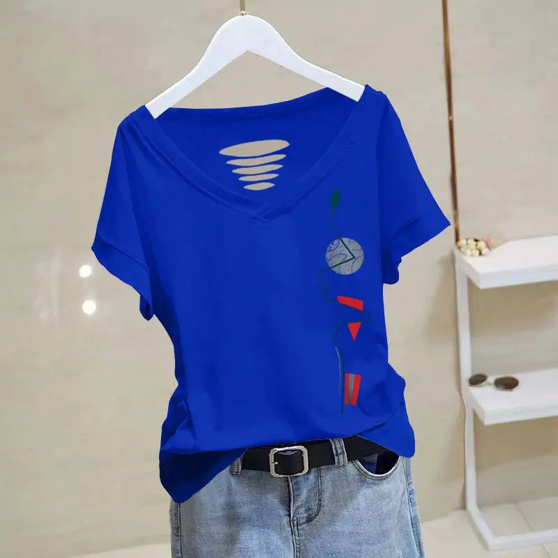 Économie en coton à manches courtes pour femmes, impression de documents solides, t-shirts à col en V, pulls évidés décontractés à la mode, été, nouveau, 2023