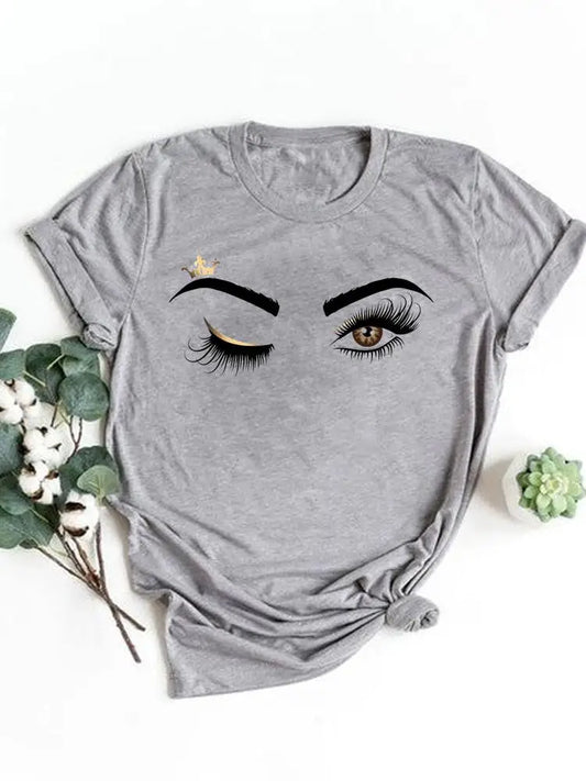 T-shirt manches courtes pour femmes, vêtement basique, haut d'été, maquillage rayé, joli et mignon, imprimé, à la mode, graphique