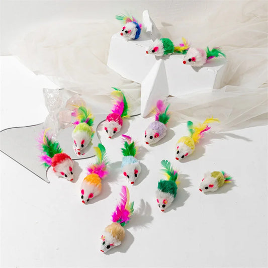 Fausse souris en fourrure de lapin, plume arc-en-ciel, jouets amusants pour chaton