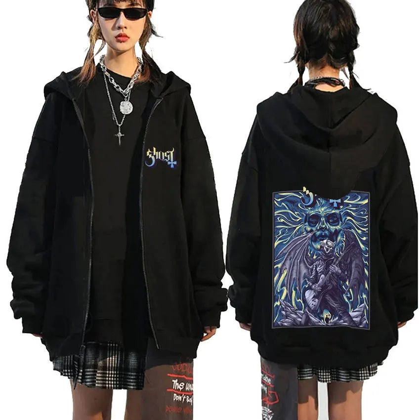 Mesurost Band Zipper Hoodie pour hommes, Hip Hop Respzed Fashion, Cartoon Anime Graphic Print, Zip Up Hoodies, Rock Gothic, PVD