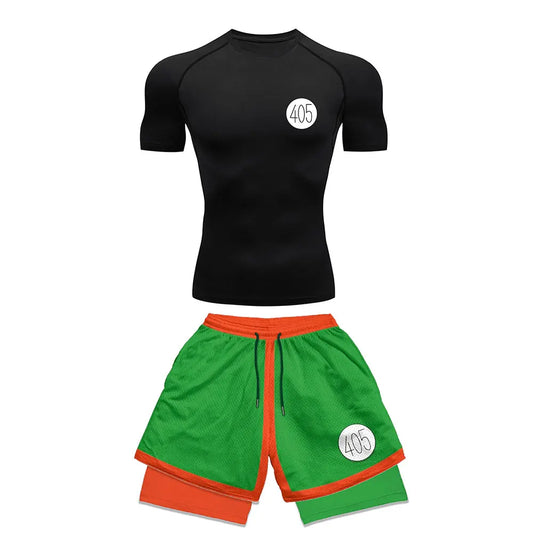 Chemise de Compression + short de gymnastique 2 pièces entraînement été Anime imprimé ensemble de Compression de gymnastique course Sport Fitness costume pour hommes vêtements de Sport