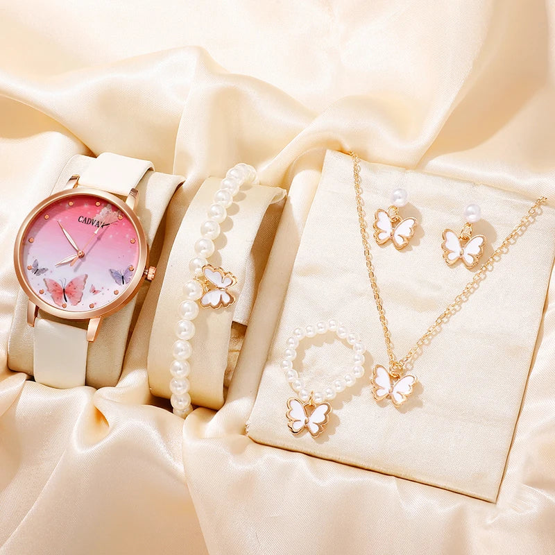Montre à quartz avec cadran papillon rose pour femme, montre-bracelet en cuir pour femme, design de marque de luxe, mode féminine, ensemble de 6 pièces