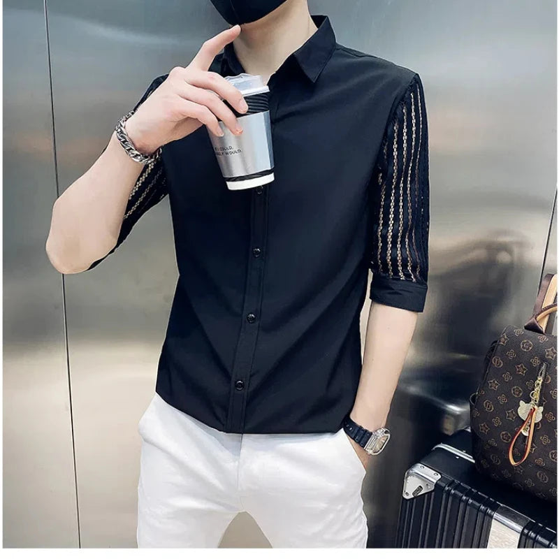 Chemises minimalistes à manches mi-longues, col carré épissé, bouton amissié, mode solide, amincissant, décontracté, petit ami, été, nouveau, 2024