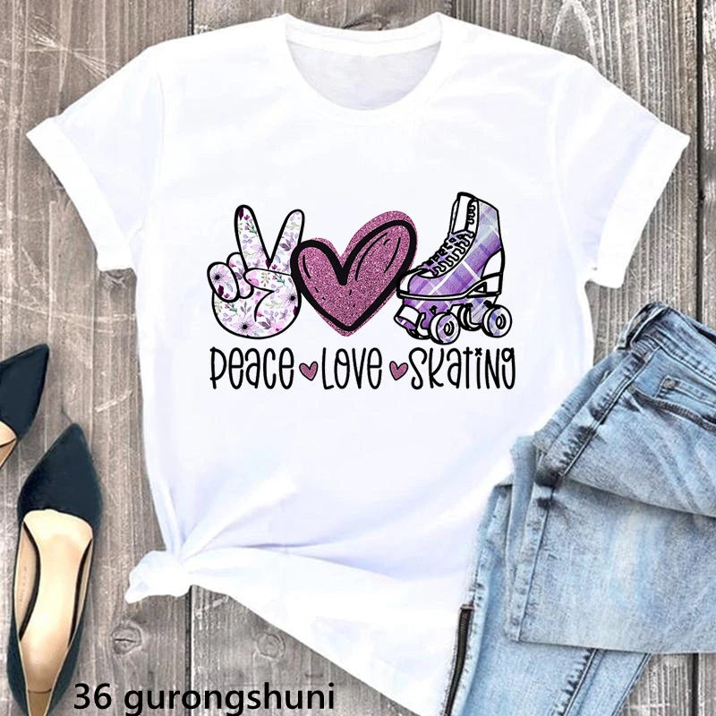 Aquarelle paix amour patinage graphique impression T-Shirt filles passionné de patinage à roulettes T-Shirt femmes drôle T-Shirt femme en gros