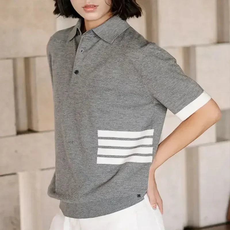 2025 été nouvelle mode rayé col rabattu T-shirt tricoté à manches courtes Vintage décontracté à manches courtes haut pulls
