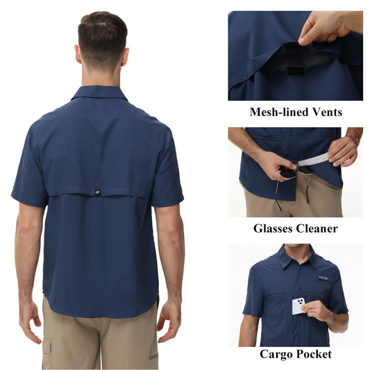 Chemises de pêche à manches courtes UPF 50+ pour hommes Protection solaire Chemise de travail de randonnée respirante Chemise boutonnée décontractée avec poche