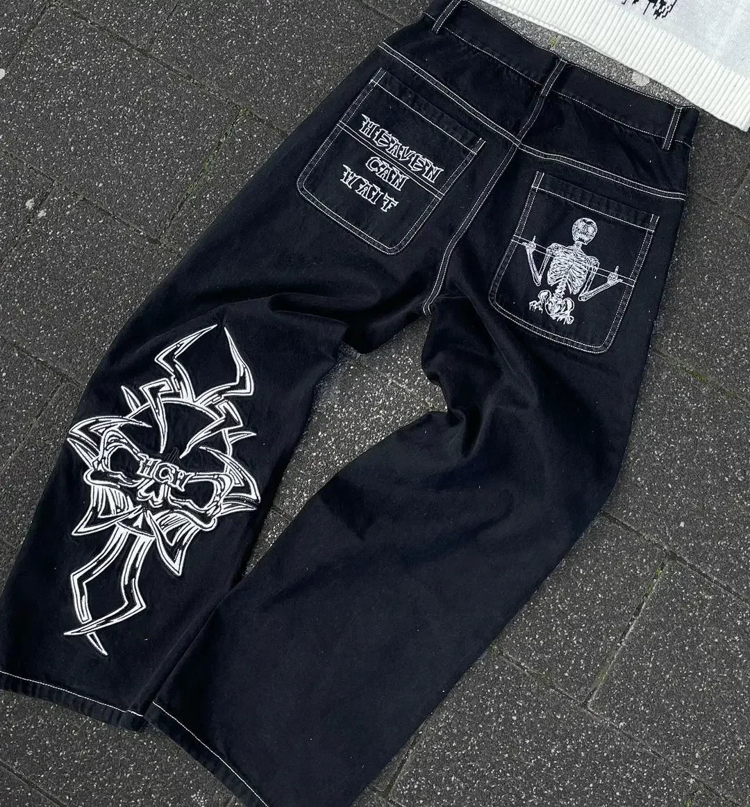 Pantalon Patch populaire avec motif d'épine imprimé, jean déchiré gothique Harajuku pour hommes et femmes, pantalon de rue taille haute Y2k à jambes larges