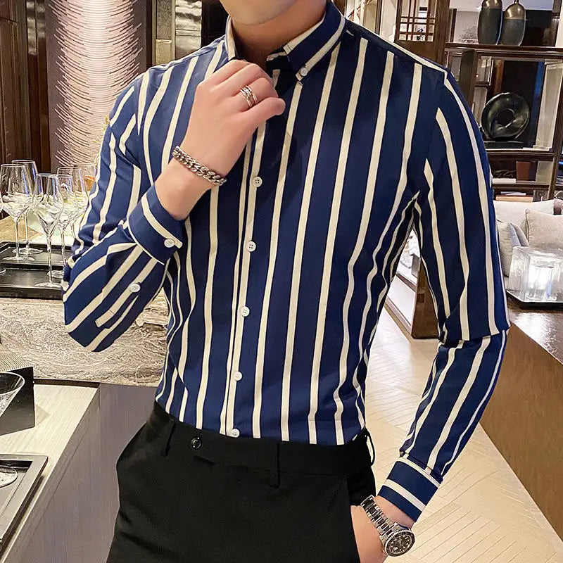 Chemises rayées à boutons formels pour hommes, beau tempérament, col rabattu, maigre, printemps, été, automne, vêtements fins pour hommes, mode