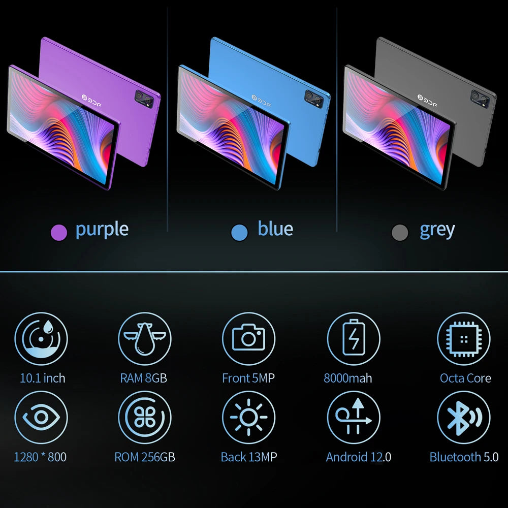 BDF-Y7 Pad nouveau 10.1 pouces 5G Android tablettes Octa Core 8GB RAM 256GB ROM 4G LTE 5G WiFi tablette Pc Double SIM double caméras 8000mAh