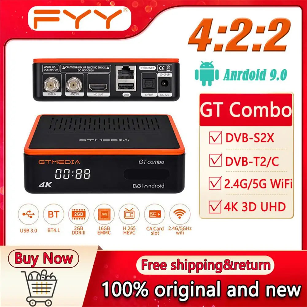 4K Ultra HD TV Box GTMEDIA GTCOMBO Android 9.0 + DVB-S2X/T2/C/ATSC-C(J.83B)/ISDBT Decoder Satellite Receiver Tuner Receiver H.265