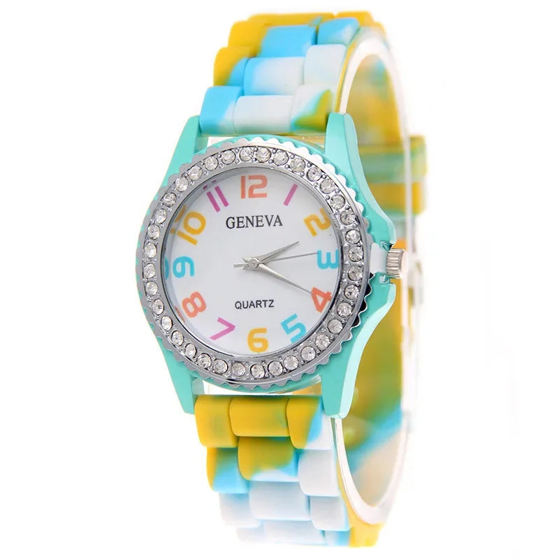 Montres de luxe pour femmes, arc-en-ciel, diamant, quartz, silicone, étanche,