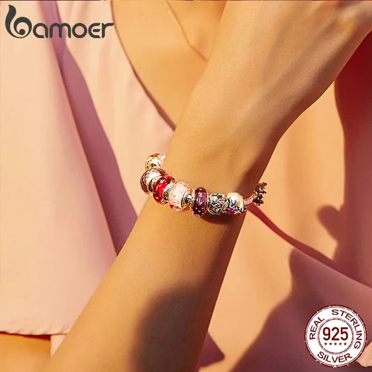 BAMOER 925 en argent Sterling belle fleur rose perles de charme en verre de Murano européen