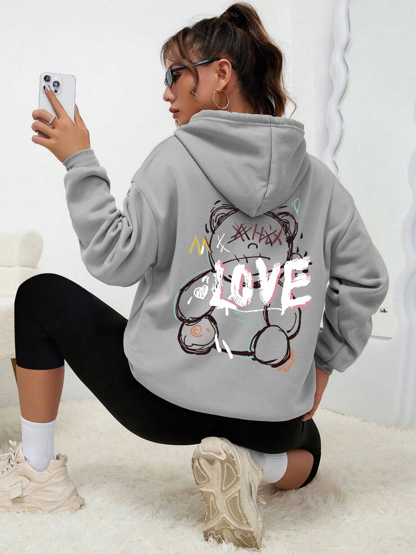 Graffiti ligne ours Simple imprimé femme à capuche Harajuku s-xxl sweat mode décontracté rue à capuche automne chaud Streetwear femmes