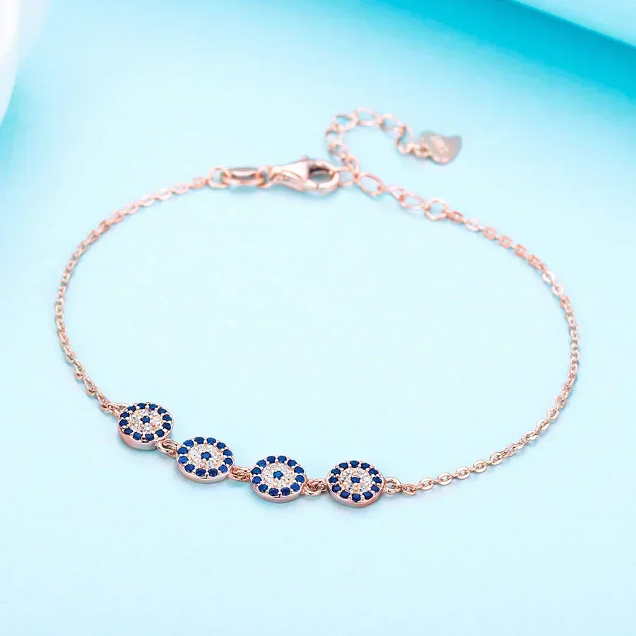 Nouveau Mode Turquie Chanceux Hamsa Quatre Mini Evil Eye Véritable 925 En Argent Sterling Bracelet