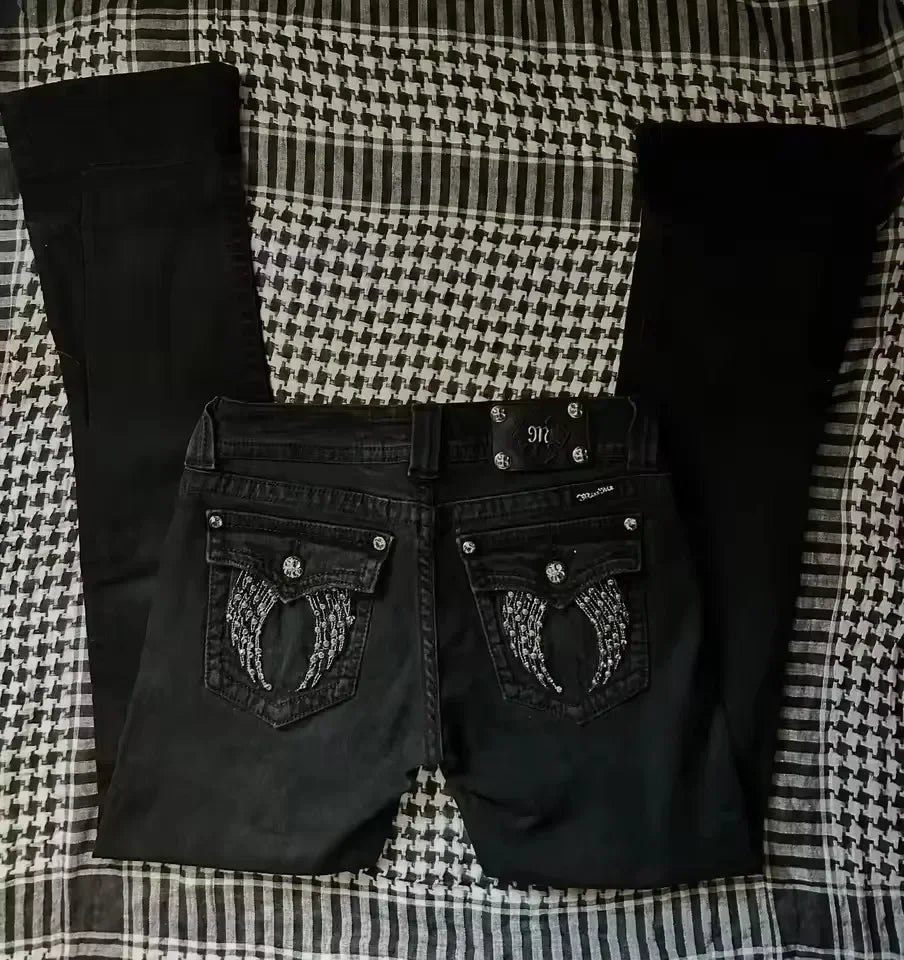 Streetwear Vintage bijou strass jean Y2K vêtements hommes femmes Hip Hop lavé Baggy jean taille basse pantalon à jambes larges