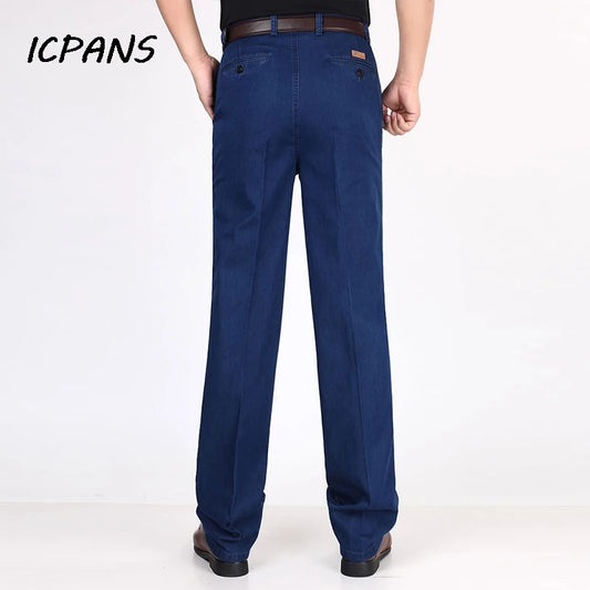 Jean en Denim taille haute pour hommes Double plissé automne printemps classique droit bleu jean hommes décontracté Broeken taille 30- 42 44 46