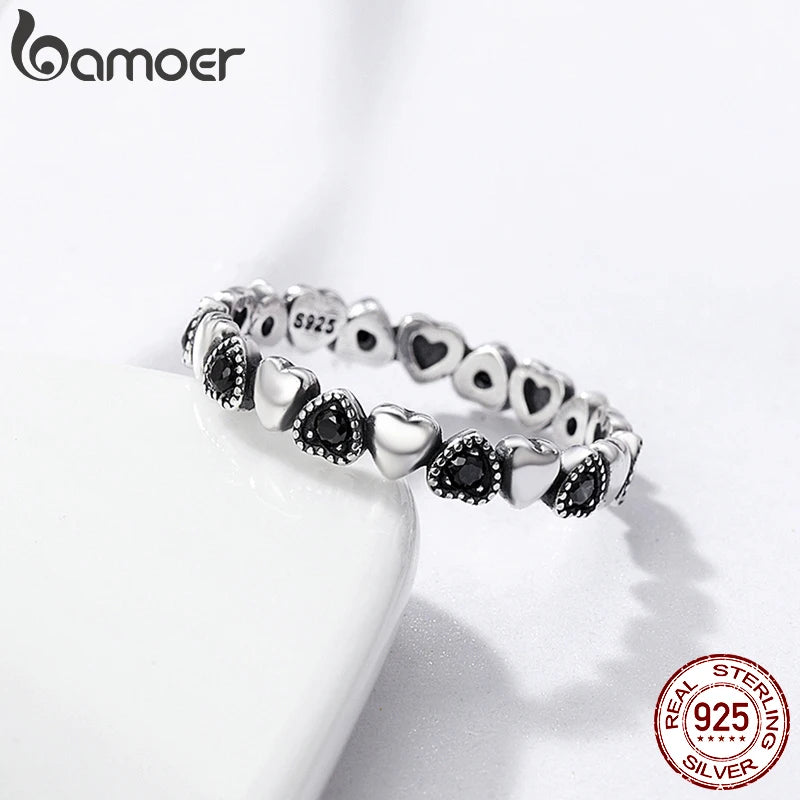 BAMOER véritable 925 bague empilable en argent Sterling coeur noir CZ bagues pour les femmes bijoux d'anniversaire de mariage Anel SCR140