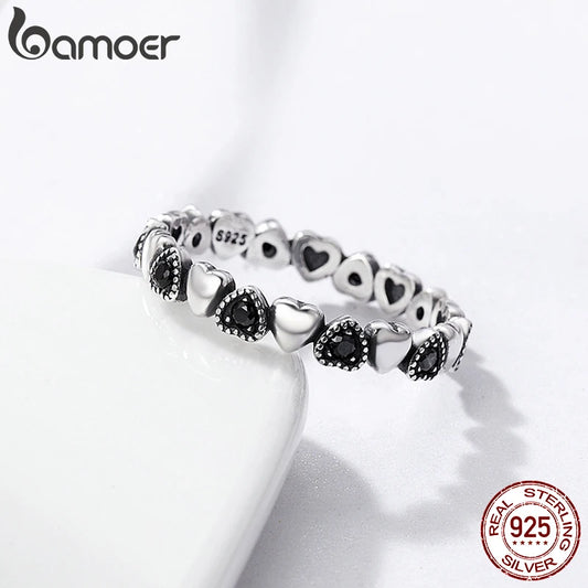 BAMOER véritable 925 bague empilable en argent Sterling coeur noir CZ bagues pour les femmes bijoux d'anniversaire de mariage Anel SCR140