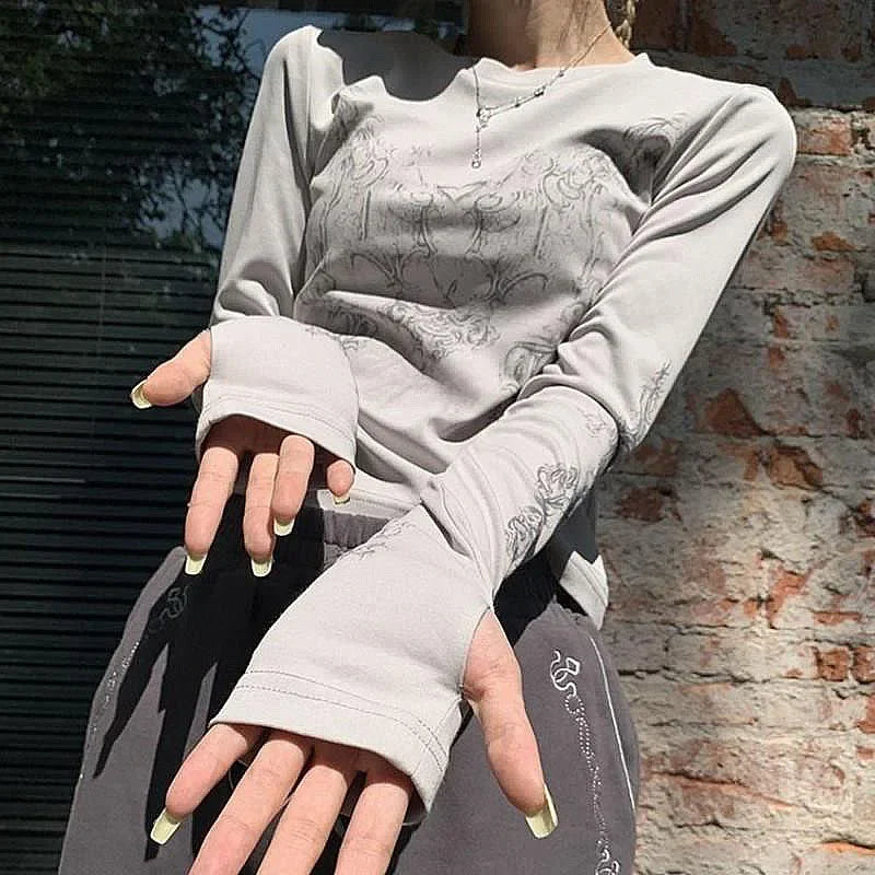 T-shirt à manches longues pour femmes, haut patchwork sexy, t-shirts col rond, tunique imprimée à manches longues, t-shirt streetwear