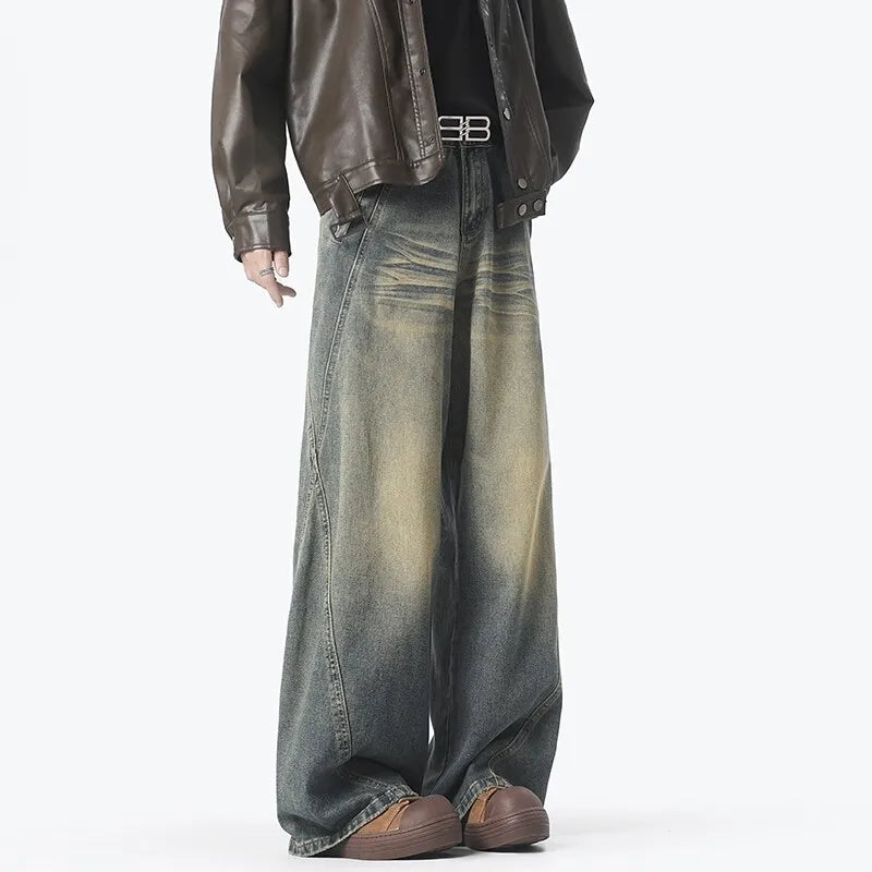 Style américain Vintage jean droit hommes rétro mode pantalon de nettoyage unisexe haute rue ample décontracté jambe large Denim pantalon