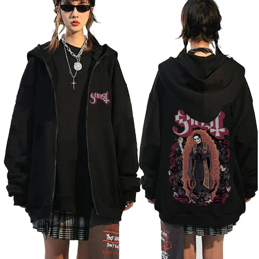 Mesurost Band Zipper Hoodie pour hommes, Hip Hop Respzed Fashion, Cartoon Anime Graphic Print, Zip Up Hoodies, Rock Gothic, PVD
