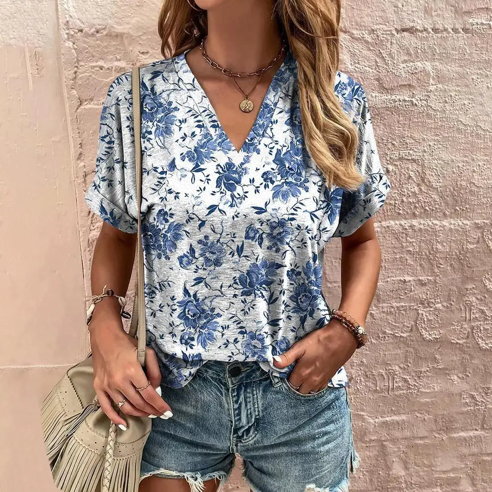 T-Shirt femme été col en v T-Shirt pour femmes mode quotidienne à manches courtes T-Shirt style décontracté impression 3d vêtements féminins
