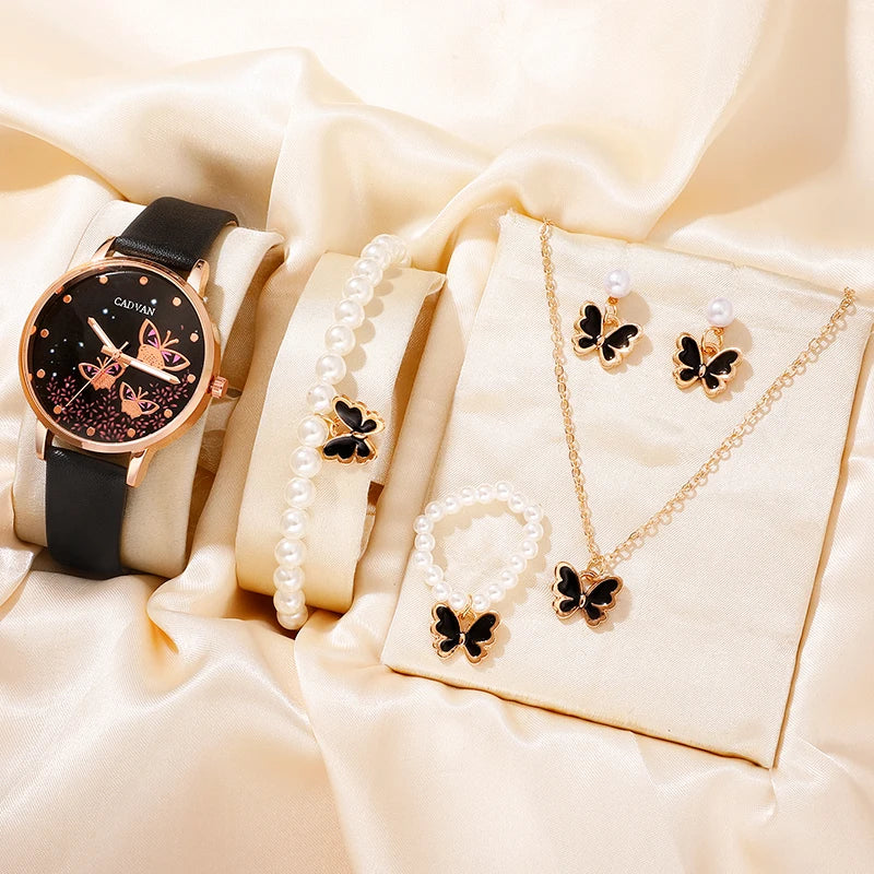 Montre à quartz avec cadran papillon rose pour femme, montre-bracelet en cuir pour femme, design de marque de luxe, mode féminine, ensemble de 6 pièces