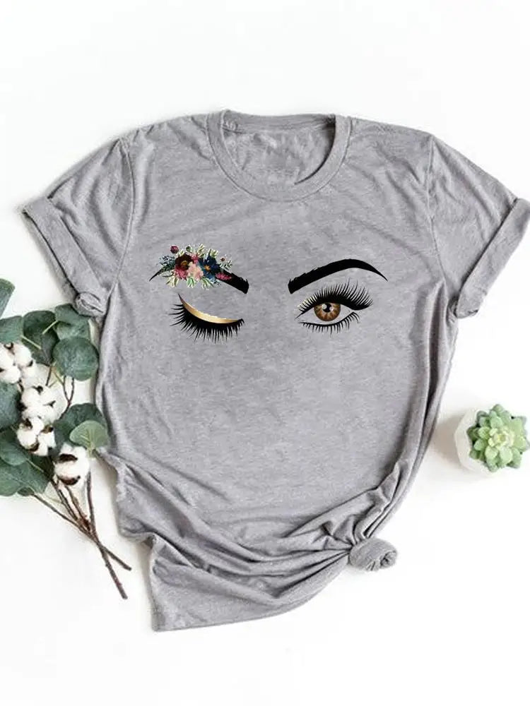 T-shirt manches courtes pour femmes, vêtement basique, haut d'été, maquillage rayé, joli et mignon, imprimé, à la mode, graphique