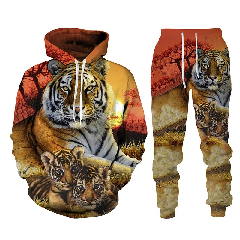 Ensemble de survêtement imprimé tigre animal 3D pour hommes, sweat à capuche et pantalon décontractés, streetwear à la mode, vêtements trempés, automne, hiver, 2 pièces