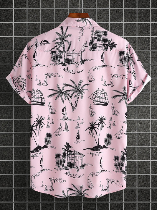 Chemise hawaïenne d'été à manches courtes pour hommes, motif de feuilles tropicales, boutonnée, revers