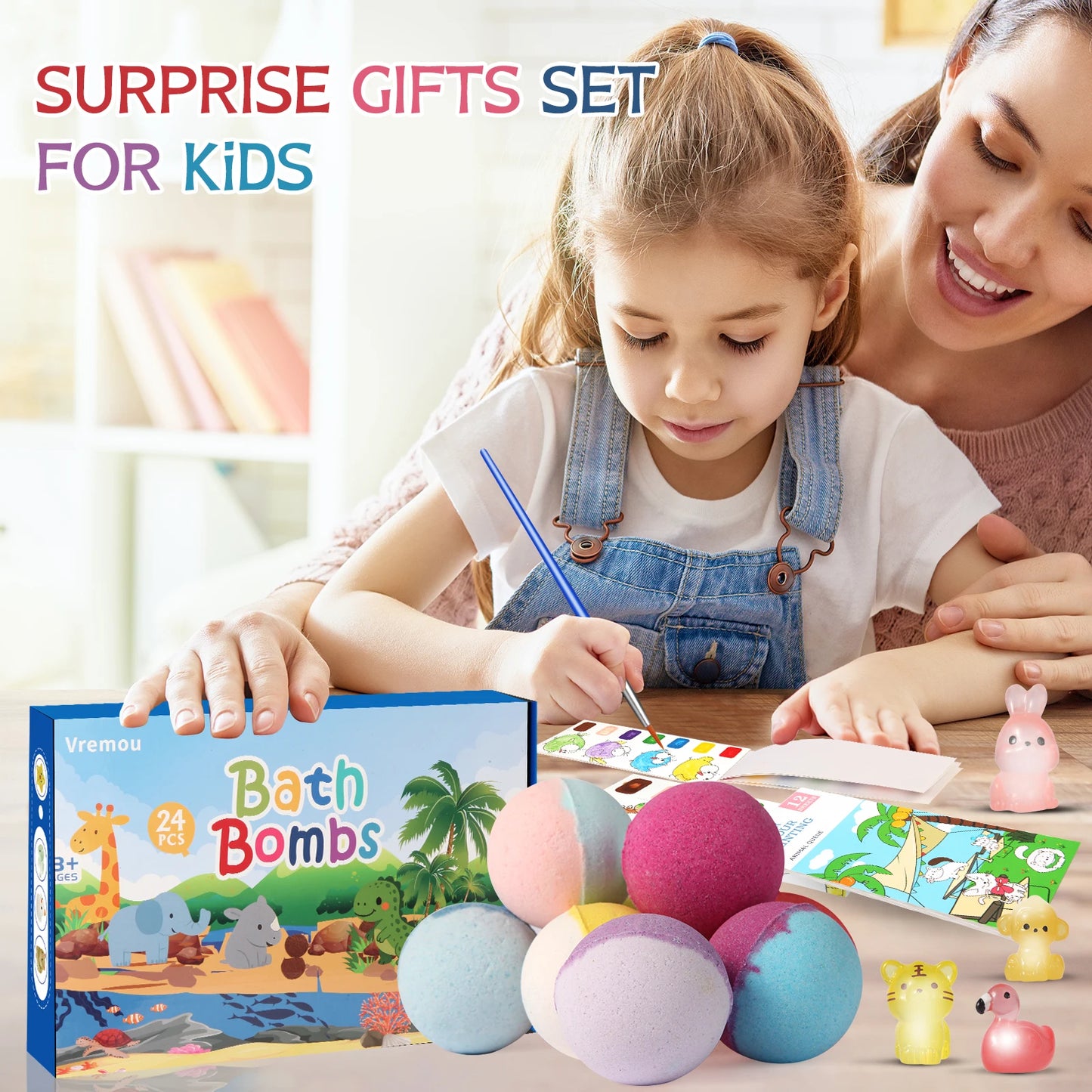 Bombes de bain pour enfants avec jouet à l'intérieur, 24 bombes de bain moussantes naturelles et organiques avec surprise qui brille dans la nuit à l'intérieur