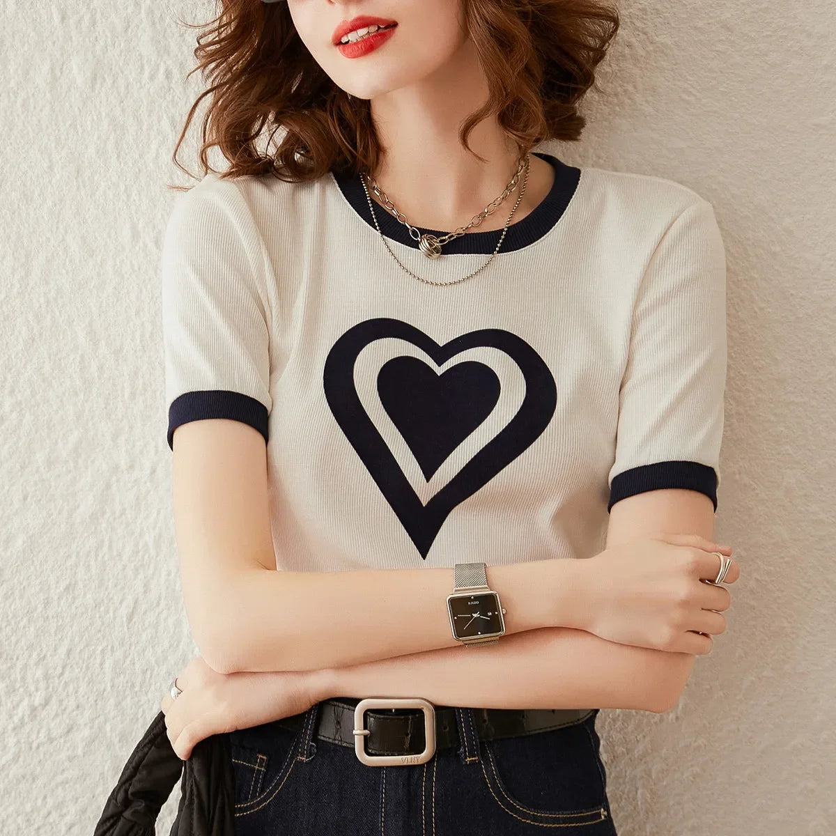 Modiis Yao-T-shirt manches courtes col rond femme, estival et décontracté, avec cœur imprimé, 2024
