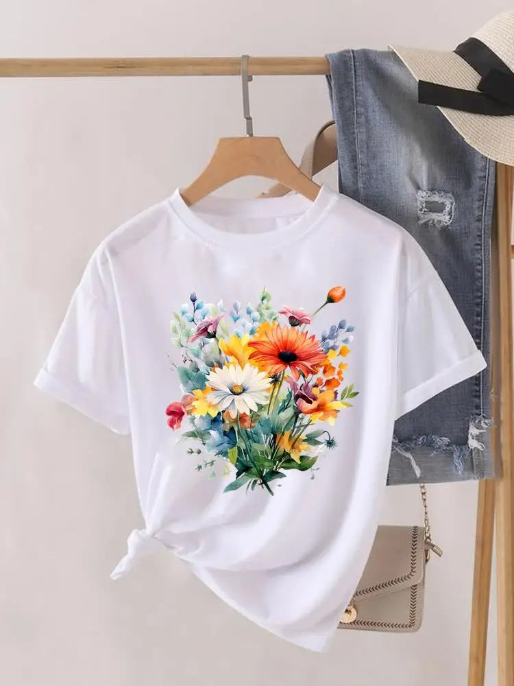 Tendance fleur Style mignon à manches courtes femmes imprimer femme chemise mode vêtements graphiques T-shirts vêtements dame t-shirt décontracté