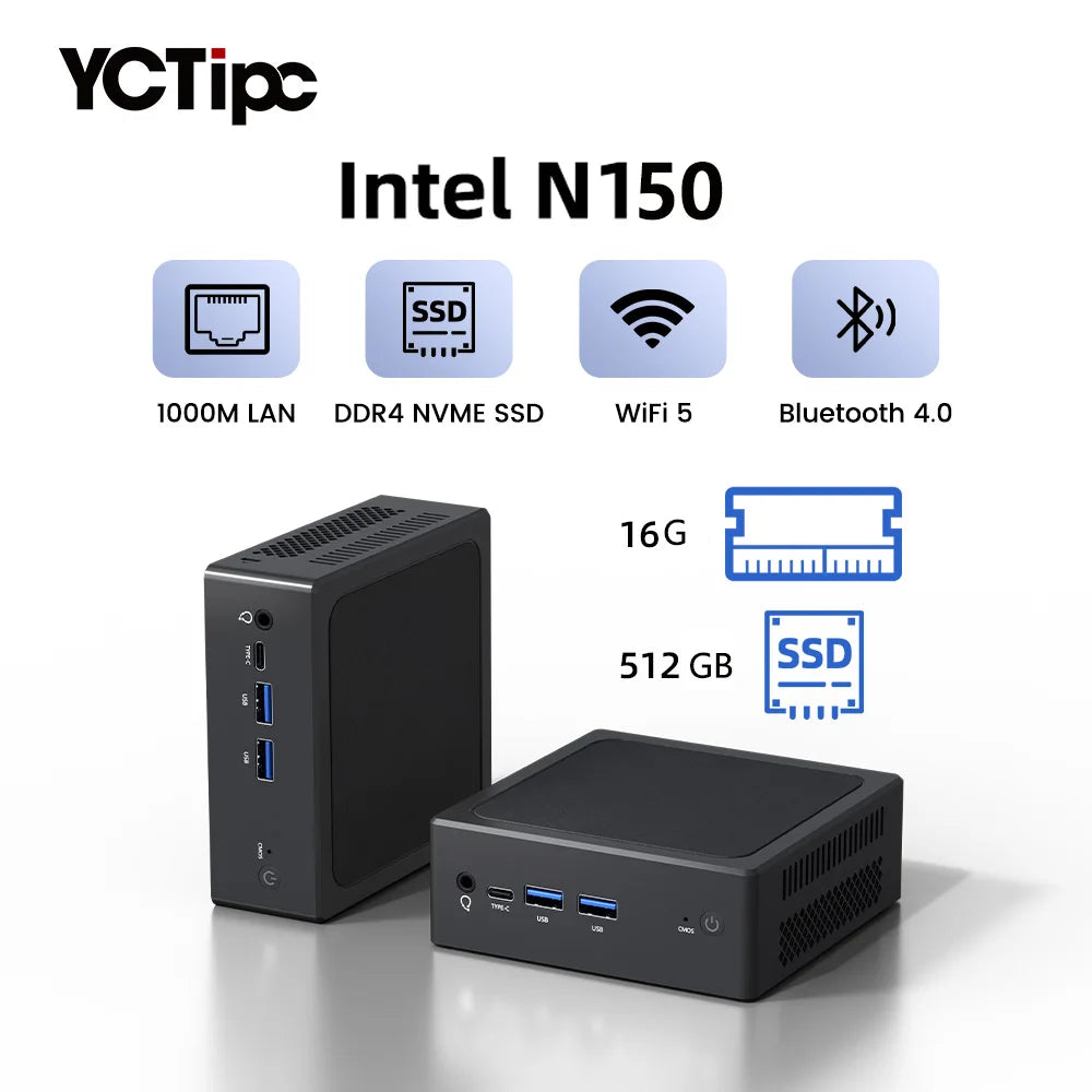 YCTipc Intel N150 Mini PC de jeu Windows 11 Pro Mini PC DDR4 8GB/16GB 1000M M.2 2280 SSD VGA Tri-affichage ordinateur de bureau