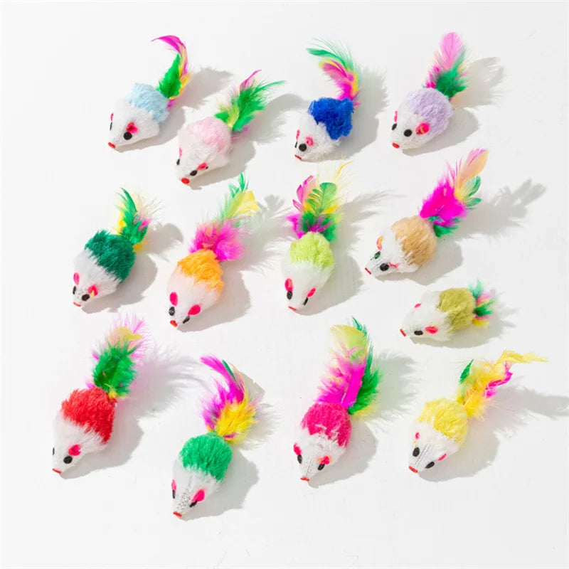 Fausse souris en fourrure de lapin, plume arc-en-ciel, jouets amusants pour chaton