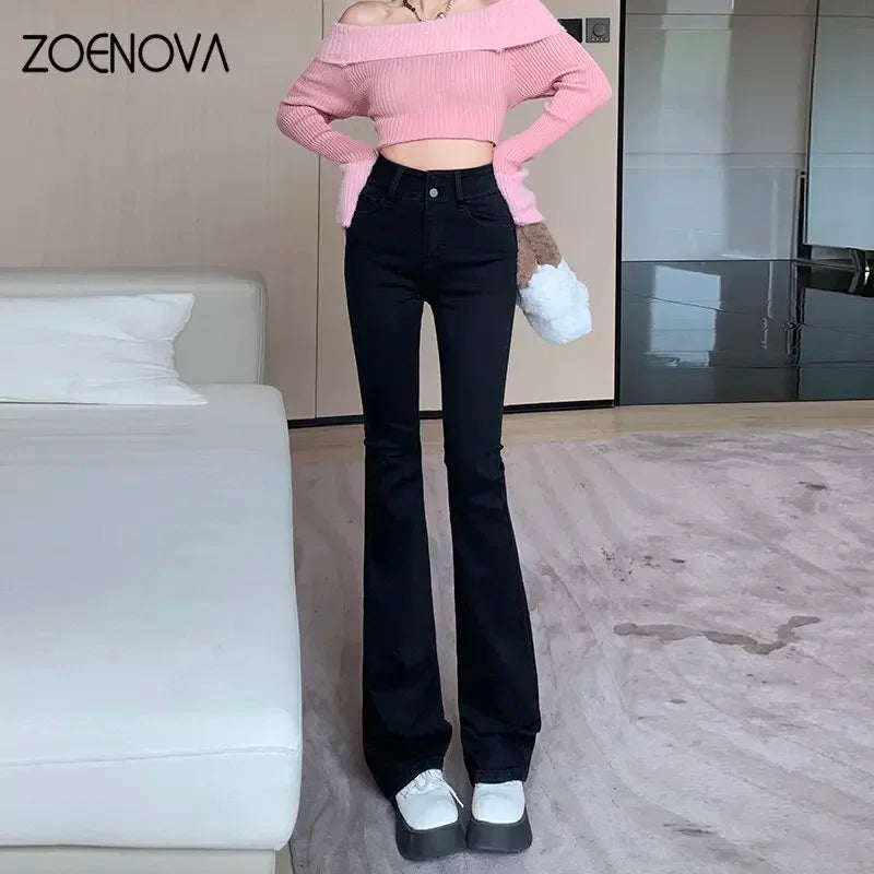 ZOENOVA-Jean baggy taille haute pour femme, pantalon évasé chic, bleu, gris, fer à cheval, Bootcut Denim Streetwear, vêtements Y2K, nouveau, 2023
