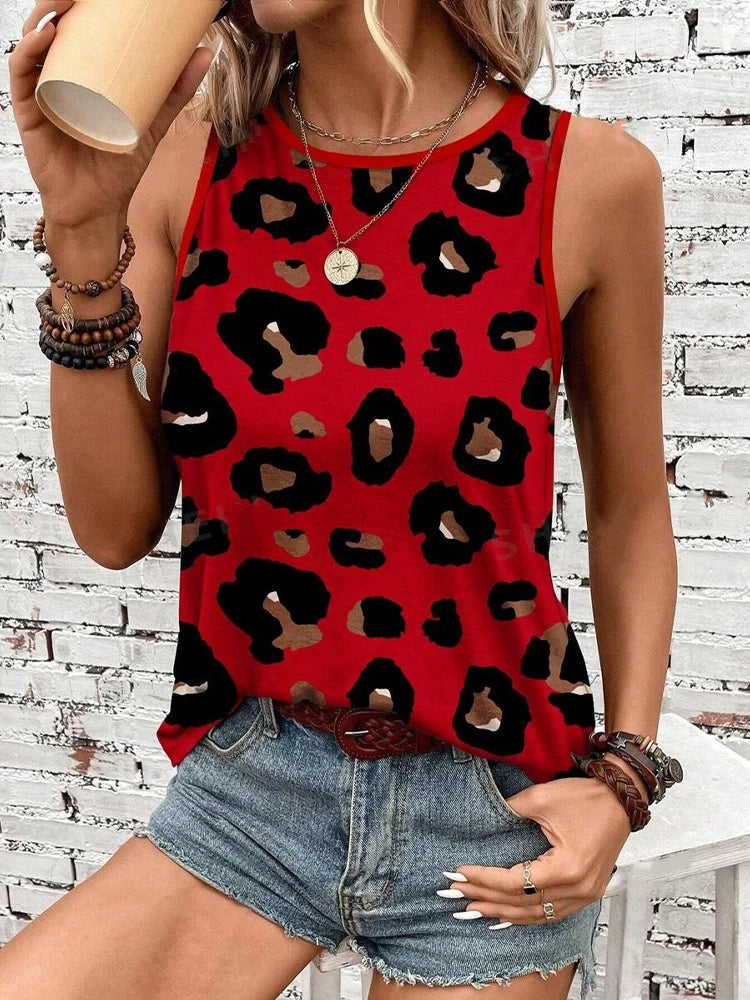 Débardeur d'été Sexy imprimé léopard en 3D pour femmes, mode col rond, gilet décontracté, épaules dénudées, Y2k, haut sans manches, Camisole, vêtements pour femmes