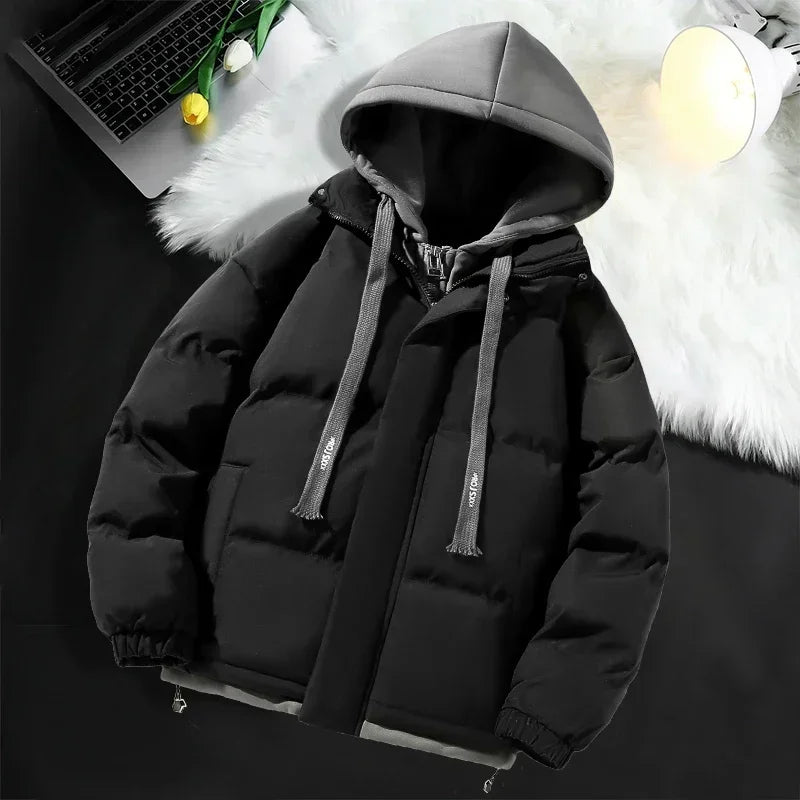 Hommes à capuche coton Coat2024 nouveau décontracté à capuche faux deux pièces conception vers le bas coton chaud Parka Style coréen épais hommes veste d'hiver