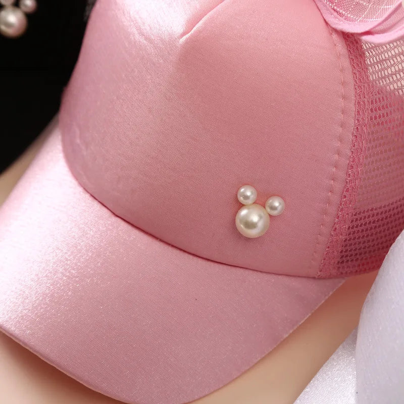 Casquette de baseball avec nœud papillon doux pour filles, grande maille, casquette à visière pour bébé, coton réglable, chapeaux de soleil pour tout-petits, été