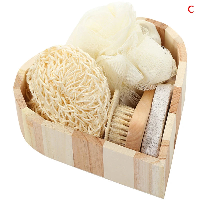 1 ensemble de coffret cadeau Spa en forme de cœur, Kit de nettoyage de la peau, cadeau de Spa pour femmes, Kit de fleurs de bain en Sisal, gants de gommage du dos, masseur