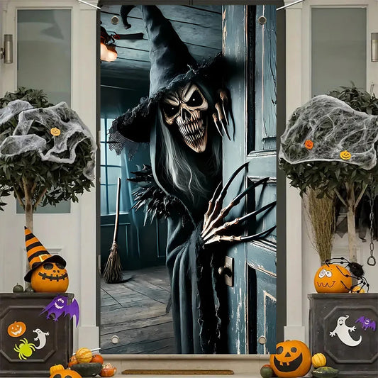 Décoration de porte d'Halloween, monstre squelette terrifiant ouvre la porte, adapté à la maison, à la cuisine, au porche, aux fêtes dans le jardin